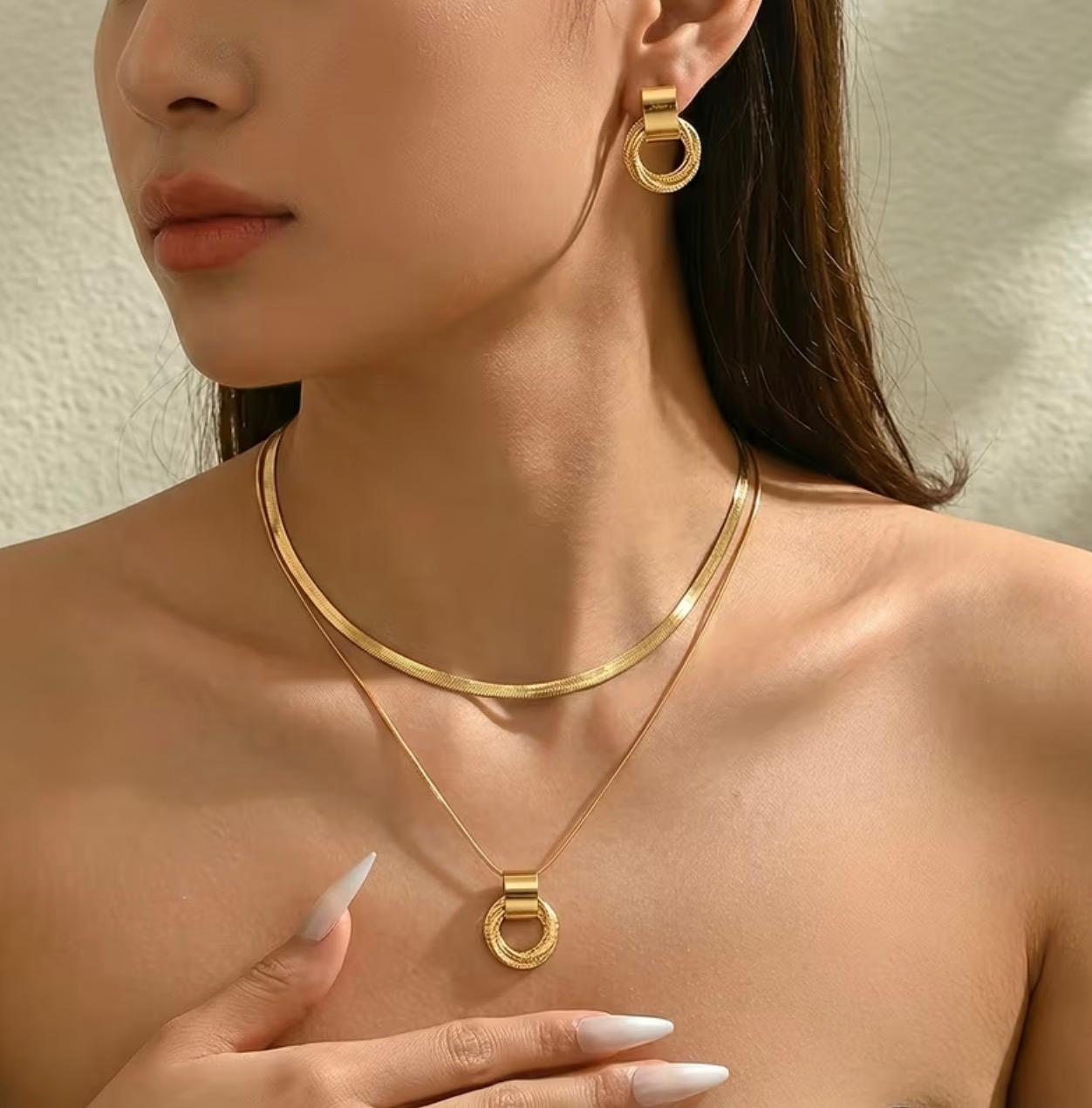 Modern Double Circle Necklace & Earrings Set