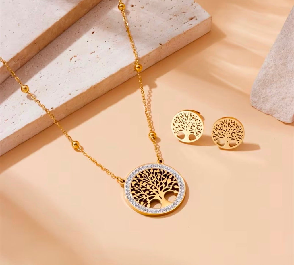 Tree of Life Jewelry Set – Gold Necklace & Earrings Set