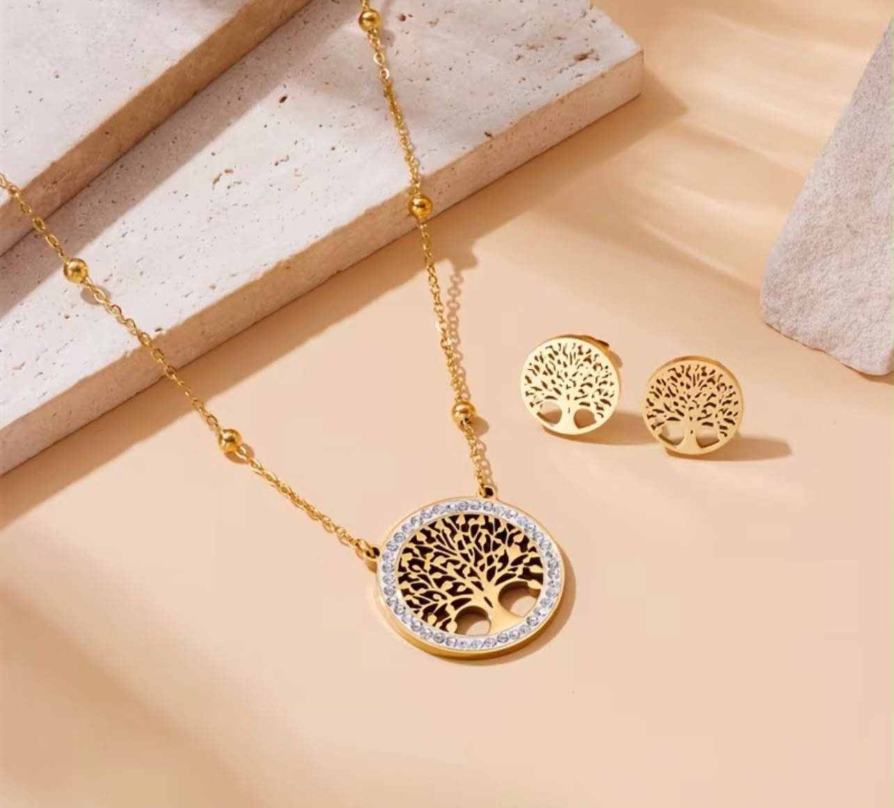 Tree of Life Jewelry Set – Gold Necklace & Earrings Set