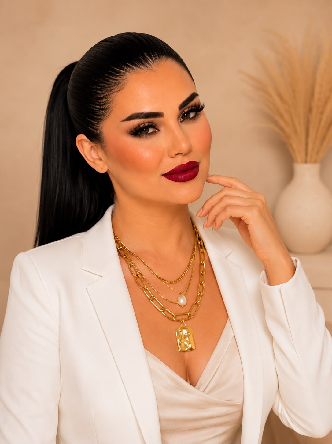 Luxury Layered Gold Paperclip Necklace with Pearl & Abstract Face Pendant