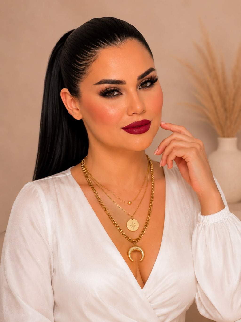 Luxury Layered Gold Necklace Set with Crescent Moon & Celestial Coin Pendant