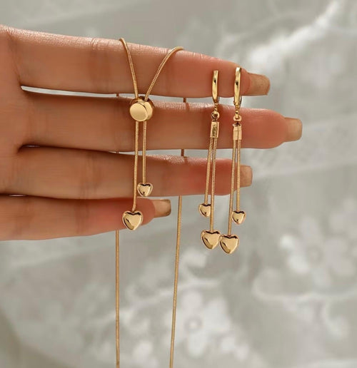 Elegant Gold Heart Pendant Necklace & Dangle Earrings Set
