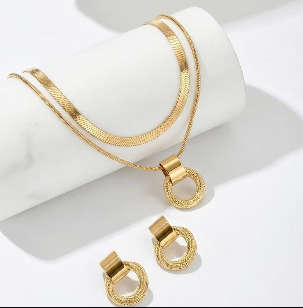 Modern Double Circle Necklace & Earrings Set