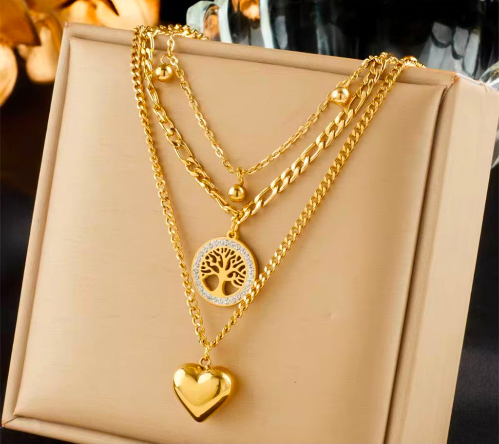 Luxury Layered Gold Tree of Life & Heart Pendant Necklace