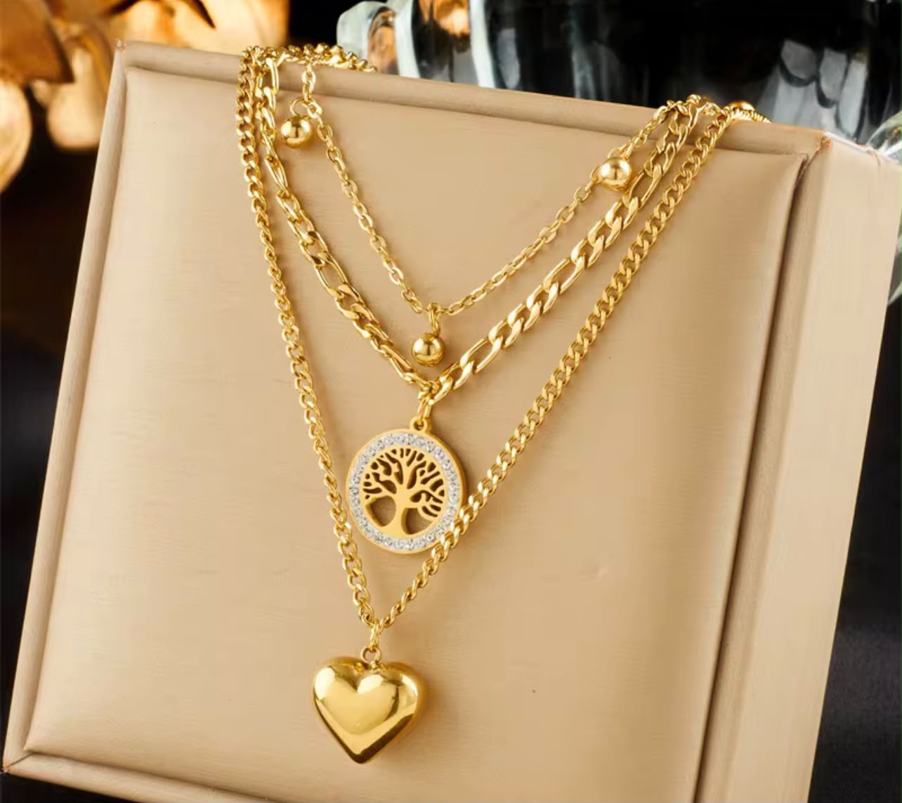 Luxury Layered Gold Tree of Life & Heart Pendant Necklace