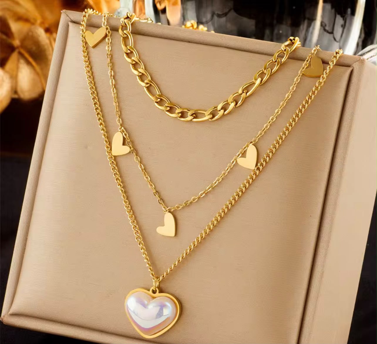Luxury Layered Gold Heart Pendant Necklace with Mother of Pearl Charm