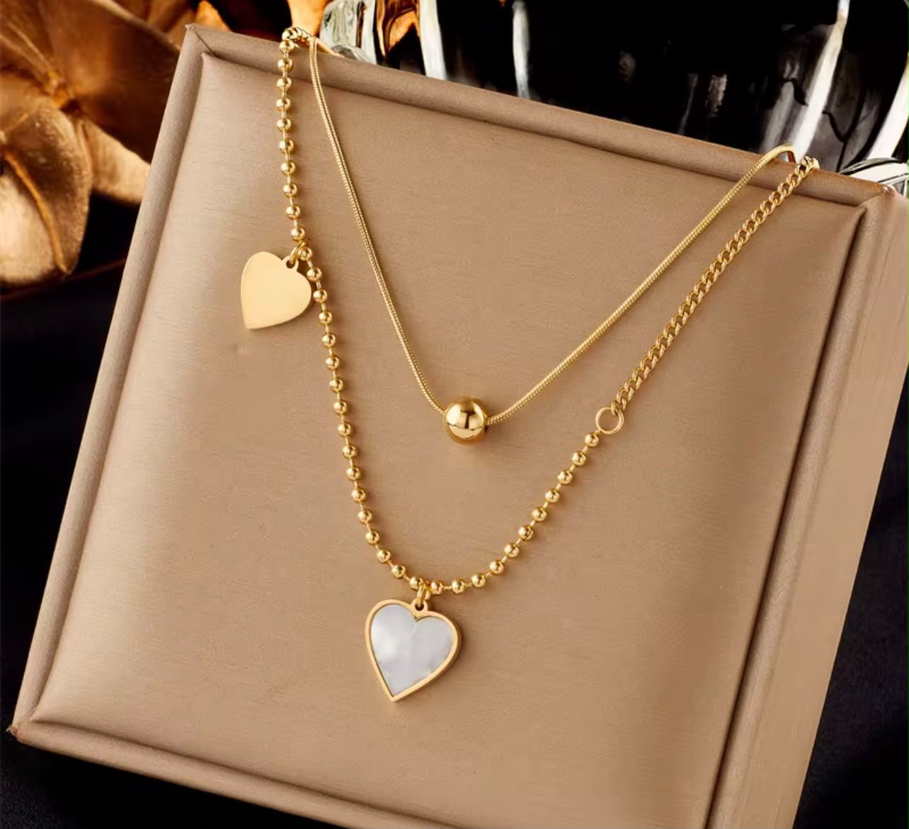 Luxury Layered Gold Heart Pendant Necklace with Mother of Pearl