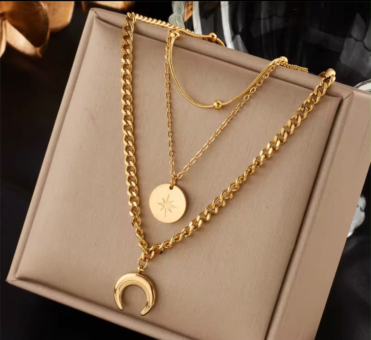 Luxury Layered Gold Necklace Set with Crescent Moon & Celestial Coin Pendant